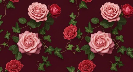 Romantic pink and red roses, floral vine, green leaves, burgundy backdrop, seamless pattern.