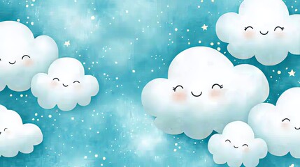 Cute hand-drawn clouds with unique textures, arranged on a soft blue gradient sky background, perfect for baby room wallpaper