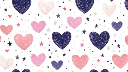 Cute hand-drawn doodles of love hearts with swirls and stars, seamless vector pattern, perfect for playful and romantic backgrounds
