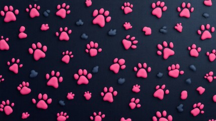 Obraz premium Pink and gray paw prints pattern on dark background.