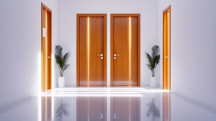 Simple hostel room door with modern keycard system, light wood accents, minimalist signage, clean neutral tones, bright corridor
