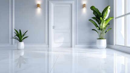 Sleek apartment lobby with natural lighting, minimalistic doors, and polished floors, soft gray tones and accent lighting, hallway with renovated walls