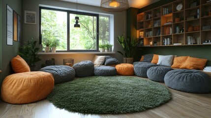 Modern Seating. Play couch Rounded Furniture Cloud dupe Tumble rug Hosting core Togo sofa co-living Coliving Honbay Burrow Cozy gray blue with orange cushions and green rou