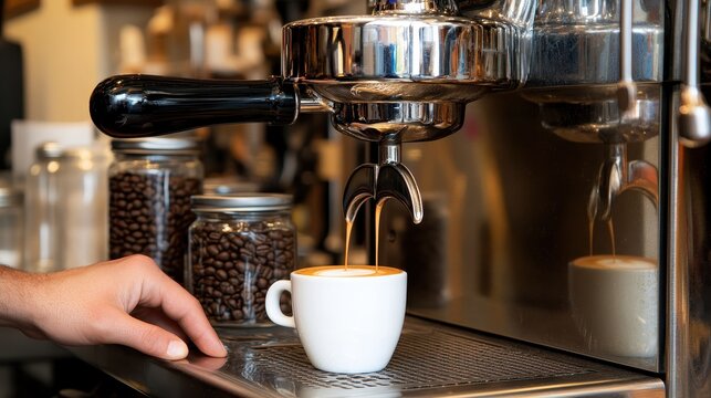 A sleek espresso machine pulling a perfect shot, with rich crema forming in the small white cup. The barista’s hand is ready to serve the cup, surrounded by jars of coffee beans and polished 