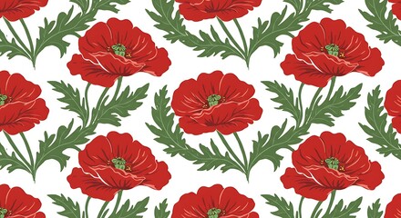 Vibrant red poppies, green leaves, floral pattern.  Beautiful botanical illustration, decorative design. Seamless.