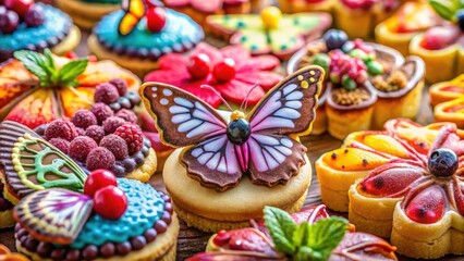 Delightful butterfly cookies, cakes, and desserts; a flutter of flavor showcased in stunning food photography.