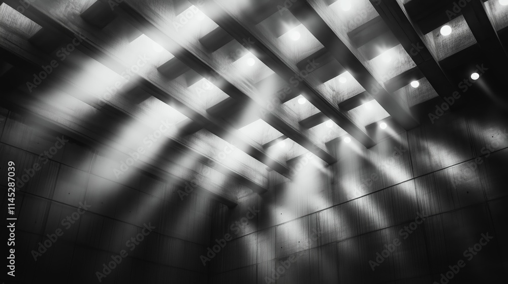 Poster light rays filter through an architectural ceiling creating dramatic shadows and a gentle ambiance i