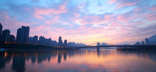 Fototapeta premium City skyline at sunrise reflecting on calm river.