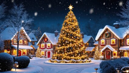 Picturesque winter village scene at night in christmas vibes with tree and decoration