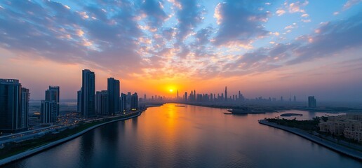 Fototapeta premium City skyline and river at sunset with cloudy sky, aerial view.