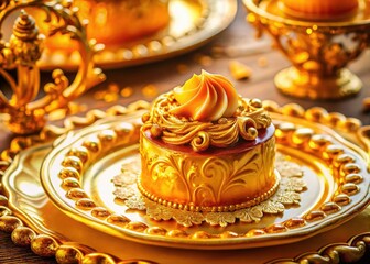 Elegant table setting showcases golden Baroque floral details framing exquisite pastries and desserts.