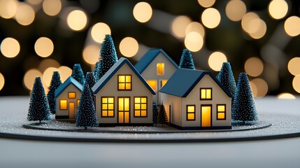 Miniature Christmas Village with Lit Houses and Trees Against Bokeh Lights