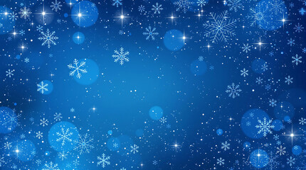 Blue winter background with falling snowflakes and bokeh effects, creating a soft, magical atmosphere. Ideal for holiday designs, Christmas cards, or seasonal promotions.