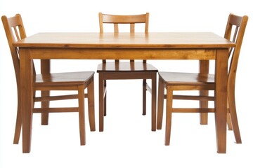 Wooden dining table set with four chairs isolated on white background.