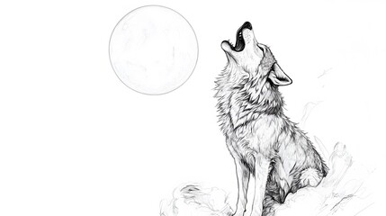 A detailed wolf howling at the moon, drawn in delicate line art, on a white background