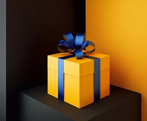 Bright yellow gift box with blue ribbon displayed against contrasting black and orange backgrounds