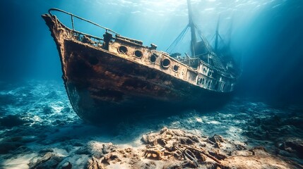 Sunken shipwreck lying on the ocean floor with rusty hull and broken mast
