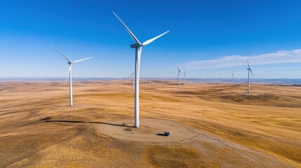 Aerial view of wind turbines in a dry, expansive field under a clear blue sky.