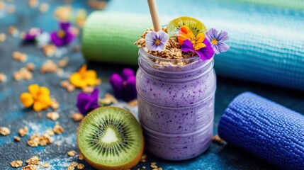 A vibrant acai smoothie topped with granola, kiwi slices, and edible flowers, served in a glass jar with a bamboo straw. The setting includes yoga mats and fitness equipment, symbolizing a health-cons