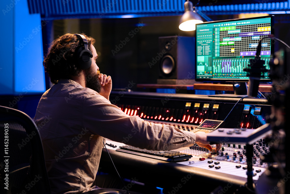 Poster Audio expert operating on control desk with motorized faders and mixing console in professional studio, using sliders and knobs to process sounds. Music engineer producer recording tracks.