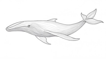 A simple yet elegant whale swimming in the ocean, drawn with fine lines on a white background
