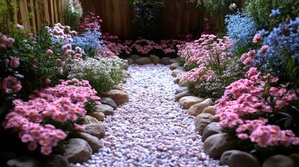 Garden Path. Pink flowers garden path with stones, spring season natur