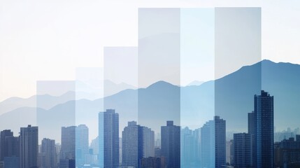Fototapeta premium A serene city skyline merges with distant mountains under a hazy sky, creating a layered effect of modern architecture and natural beauty.