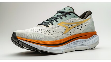 Close-up of a modern running shoe with breathable mesh upper, cushioned sole, and vibrant color accents.