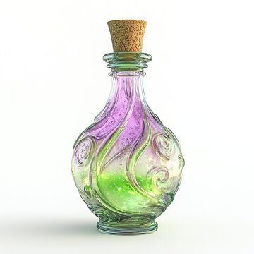 3D glass potion bottle filled with a sparkling, swirling liquid in shades of neon green and purple.    clean lines isolated on white background