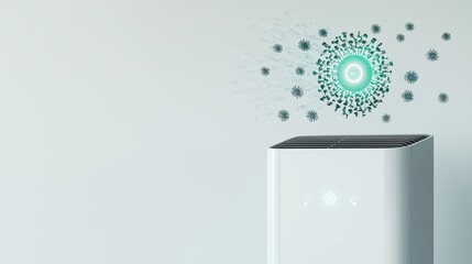 A modern air purifier emits a green light, illustrating its function to filter and purify the air around it.
