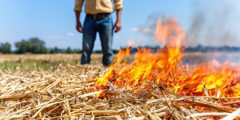A person stands near a field, observing flames engulfing straw, highlighting agricultural burning and its impact on the environment.