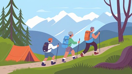 Outdoor Adventure with Characters Trekking and Setting Up Camp