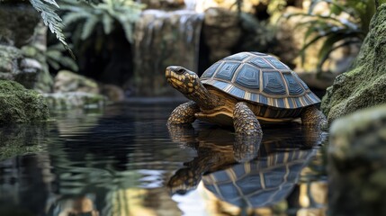 Obraz premium Tortoise in a tranquil pond, surrounded by lush greenery and a miniature waterfall.