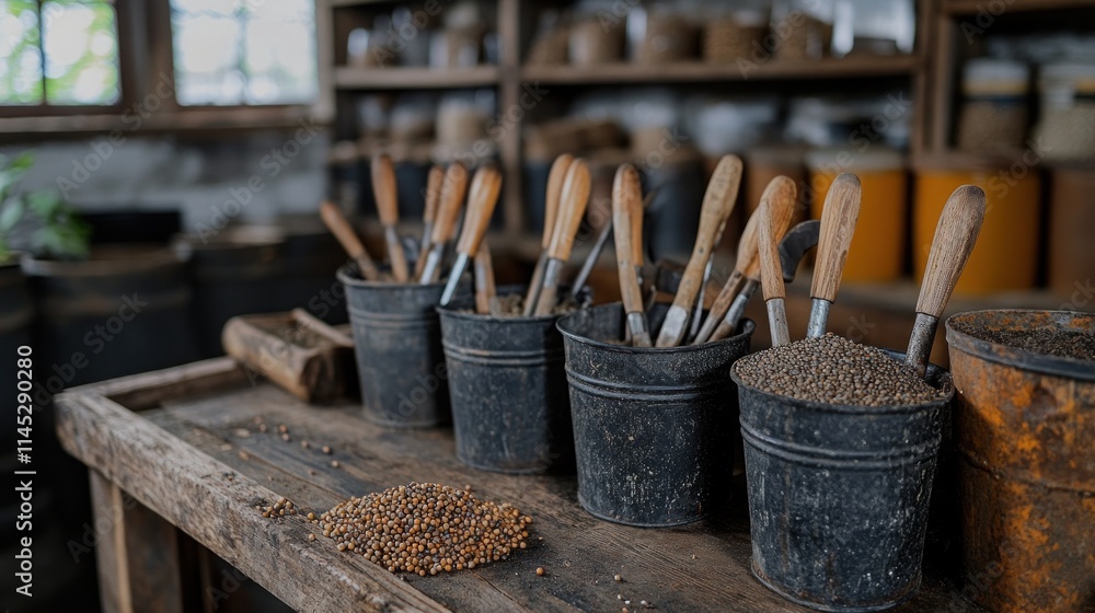 Poster rustic workshop scene with paintbrushes in metal buckets filled with pigment.
