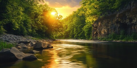 Paisaje natural con río y puesta de sol