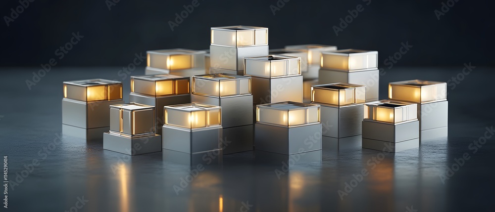 Poster illuminated cubic structures arranged in a cluster on a reflective surface.