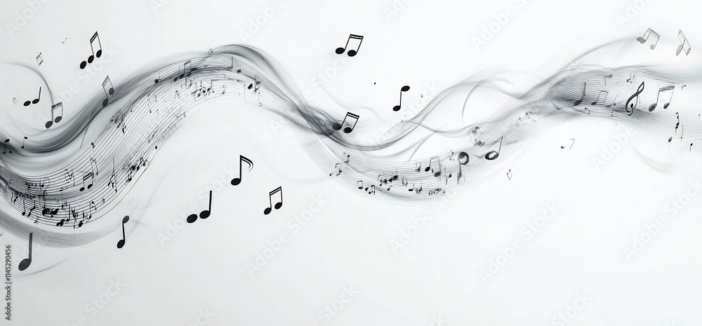 Poster abstract design featuring musical notes flowing in a wave-like pattern.