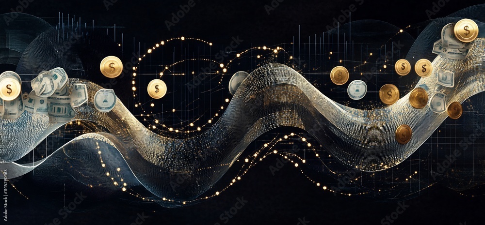 Poster abstract representation of finance with coins, graphs, and flowing patterns.