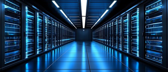 Illuminated server room with rows of racks.