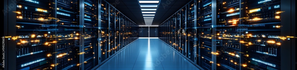 Poster illuminated server room corridor with glowing data servers.