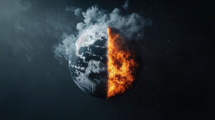 A striking visual of half the Earth engulfed in flames, symbolizing climate change and environmental crisis.