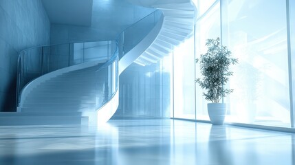 Obraz premium Depth of Field stock photo style focusing on a unique staircase design in a modern office building