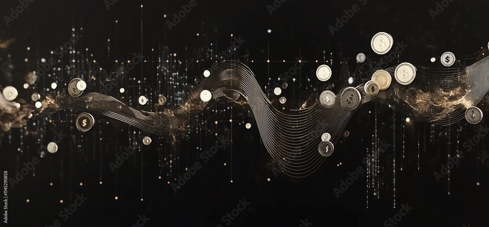 Poster abstract visualization of digital currency and data flow on a dark background.
