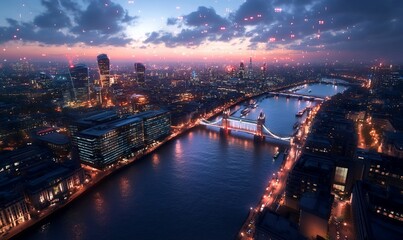 Fototapeta premium Aerial view of a city skyline at dusk with a river and bridges.