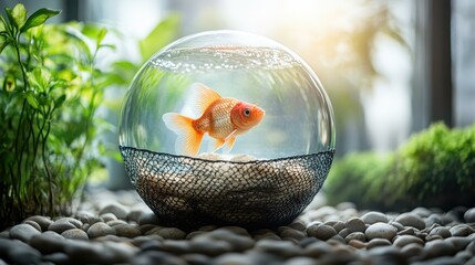 Fisher inside a fishbowl net net a vessel of abundance Isolated solo on plain background