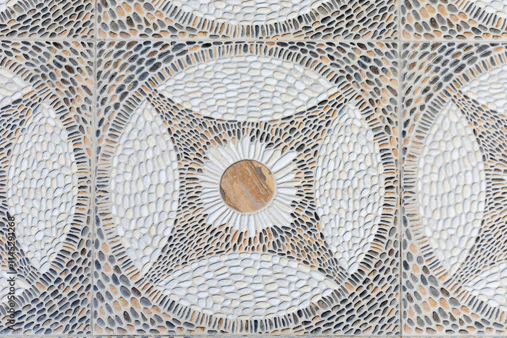 Poster geometric stone mosaic pattern close-up with intricate pebble detailing
