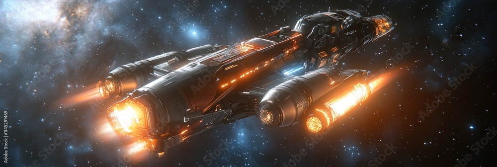 Poster futuristic spaceship with fiery engines soaring through a cosmic nebula.
