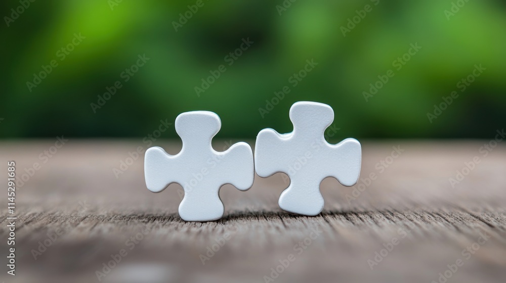Poster two white puzzle pieces on wooden surface with green background suitable for concept of connection a