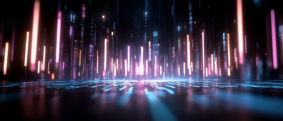 Abstract digital landscape with glowing vertical lines and reflections.