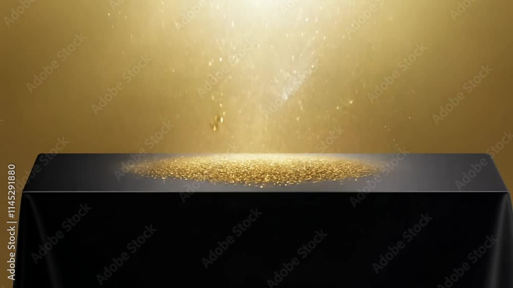 Poster dolly in video of a black surface with floating golden dust against a gradient background, creating 